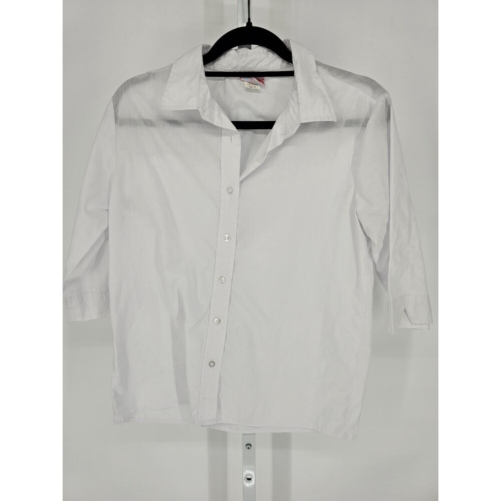 American Sweetheart Womens Sz S 3/4 Sleeve Button Up Shirt White Collared